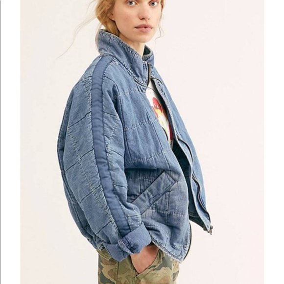Free People Dolman Quilted Denim Blue Zippered Jacket XS